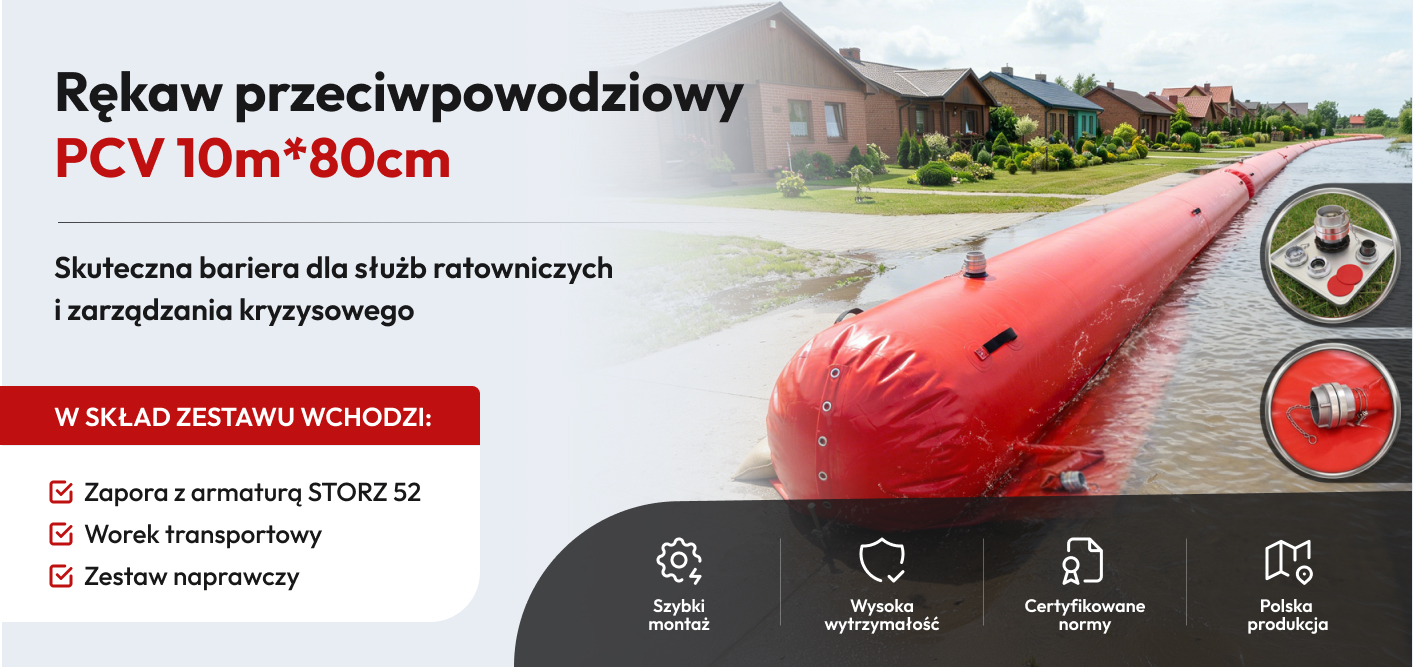 Rękaw przeciwpowodziowy PCV 10m x 80cm z armaturą STORZ 52 i zestawem naprawczym